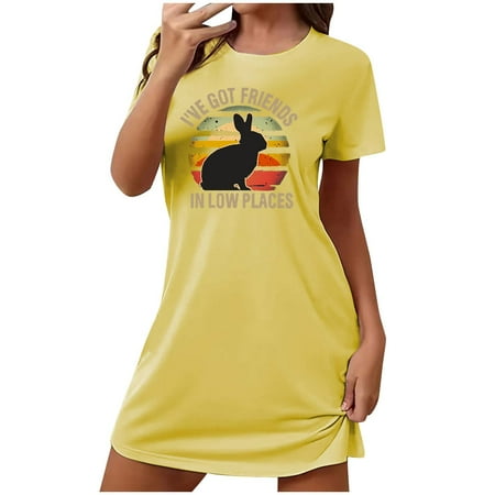 KIHOUT 2024 Fashion Black Round Neck Top Nightdress For Women Clearance Rabbit Pringted Short Sleeve Loose Slim Long T-shirt Home Casual Ladies Regular Pajamas Nightgown S-2XL