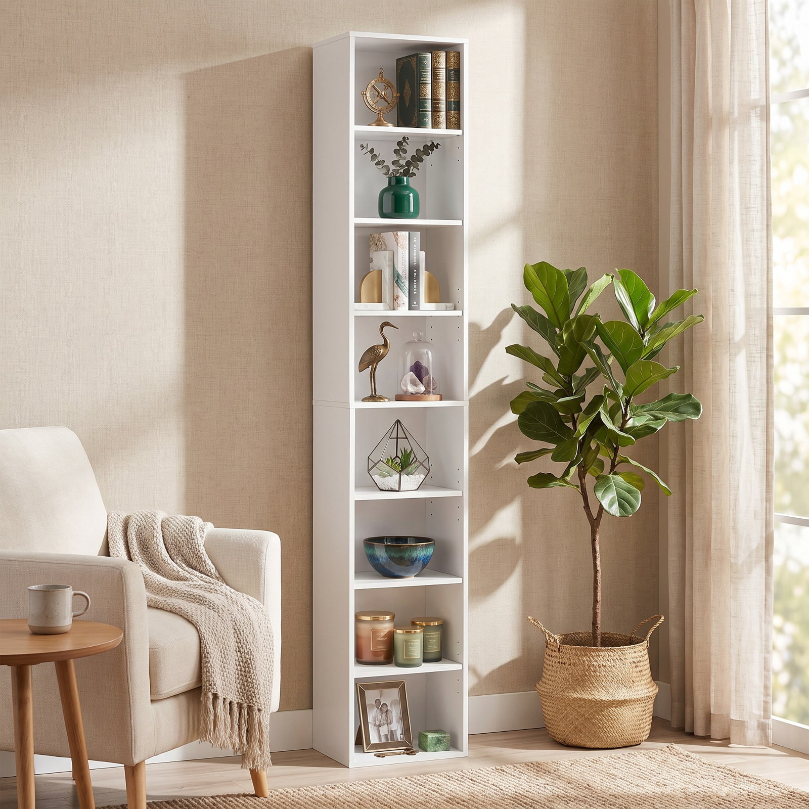 Furnibear 8-Tier Narrow Bookshelf with 4 Adjustable Shelves and Storage Cubes for Living Room Home Office Bedroom Display Storage Shelf, White