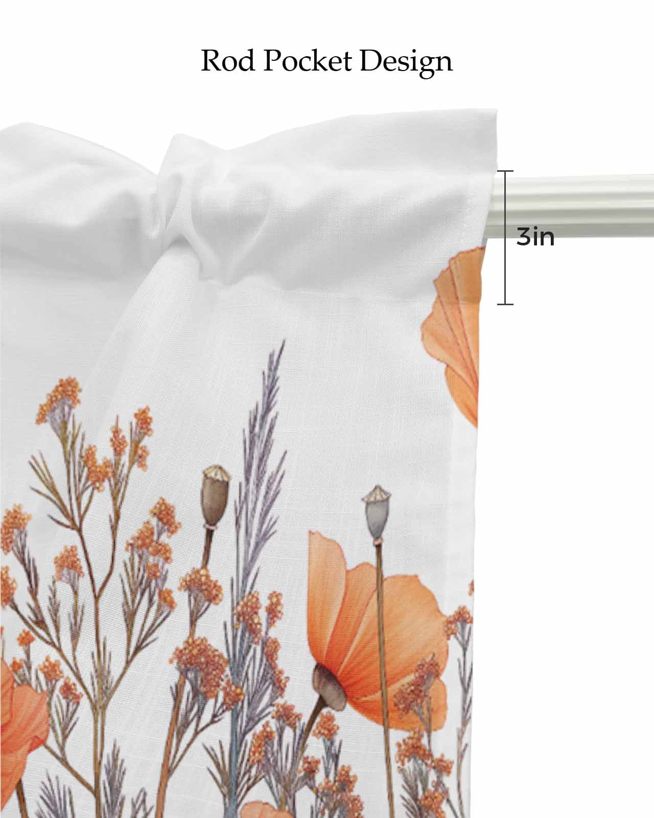Orange Flower Linen Curtain Valance for Bedroom/Bathroom/Kitchen/Office/Living/Dining Room Window,Pastel Botanical Floral Leav Herb Pocket Topper Drapes Decorative Cafe Drapery Panel 54"x18"