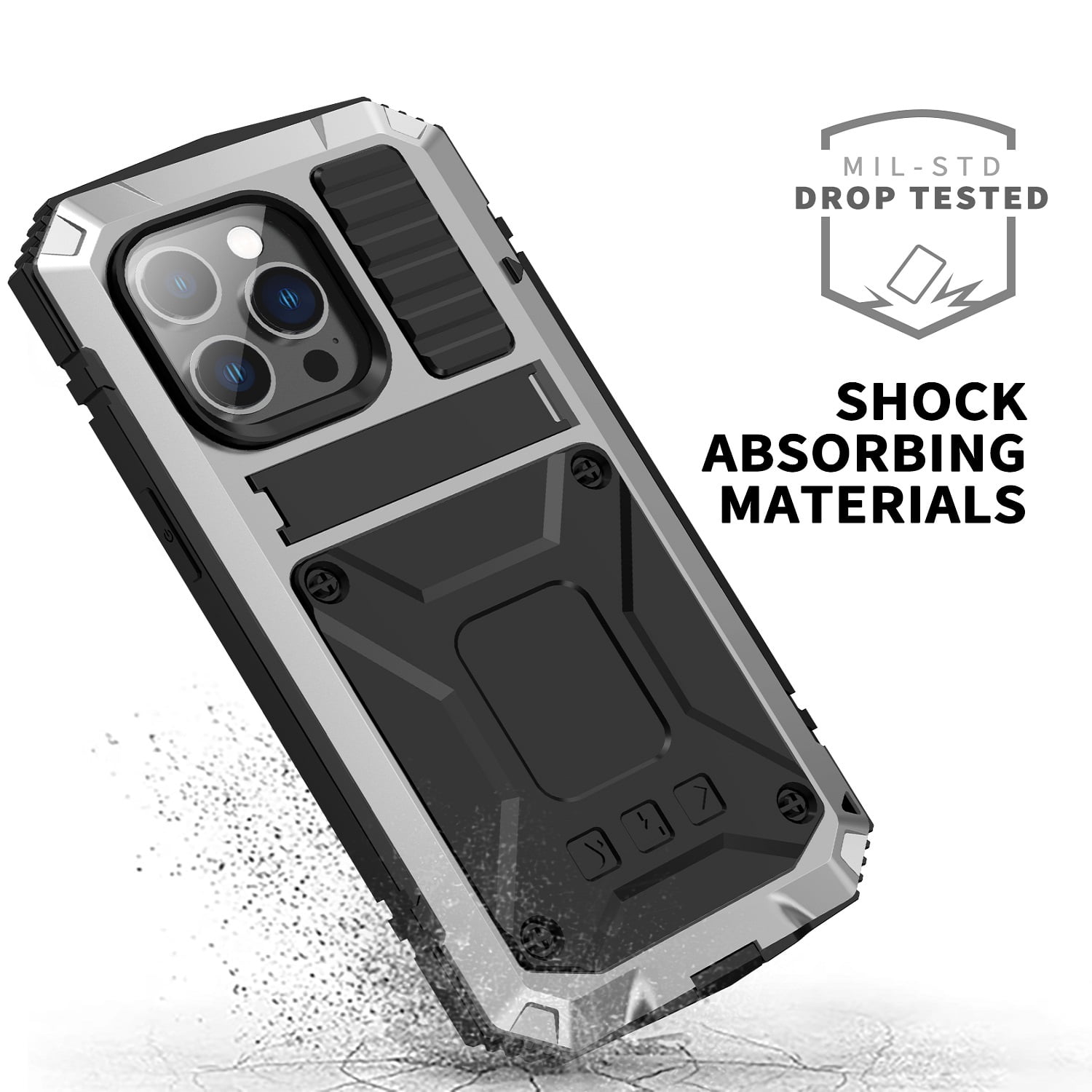 iPhone 14 Pro Max Rugged Full-Body Case, Metal Bumper Built-in Screen Protector&Kickstand,Dustproof and Drop-Proof,Full Body Protection Heavy Duty Rugged Military Cover For iPhone 14 Pro Max, Silver