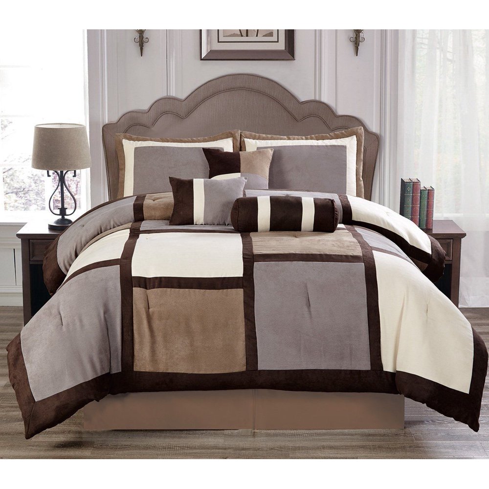 Soft Suede Gray & Taupe Patchwork Bentley 7 Piece Comforter Set King