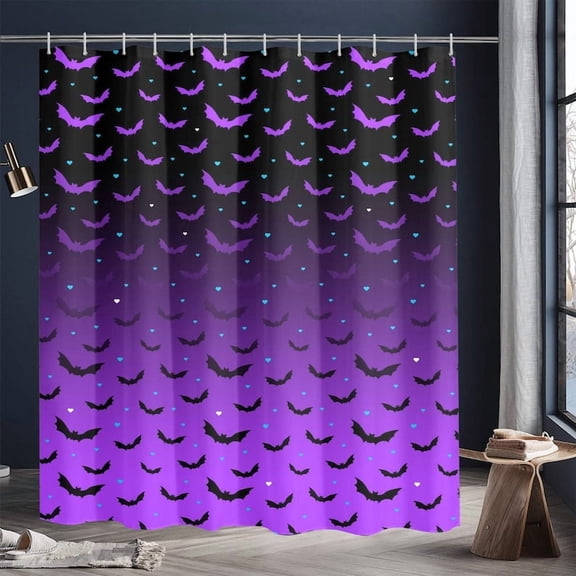 Gothic Bats Shower Curtains, Dark Purple Ombre Bathroom Decor, Halloween Gothic Home Accessories, Spooky Fabric Curtain, Creepy Goth Bath 66x72in