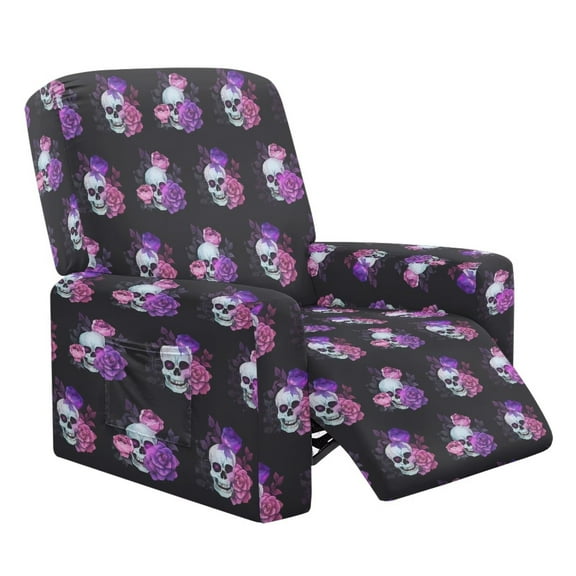 FUIALDOLG Purple Rose Skull Pattern Chair Cover for Recliner 4-Pieces Stretch Slipcover Set Washable Reclining with Storage Pockets Furniture Protector for Home Decor