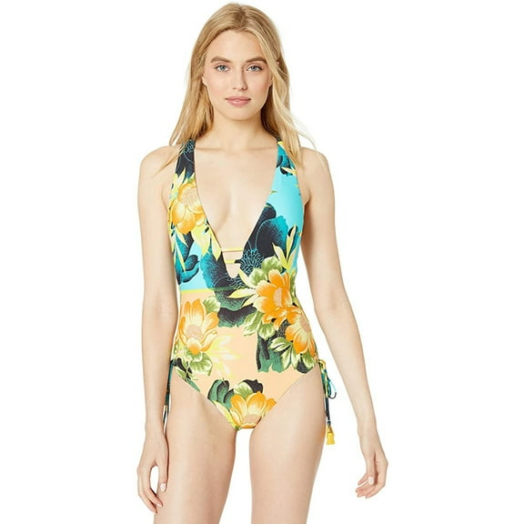 Lucky Brand Strappy V-Neck Slimming Fit One Piece, Multi//Tropical Sunrise, M