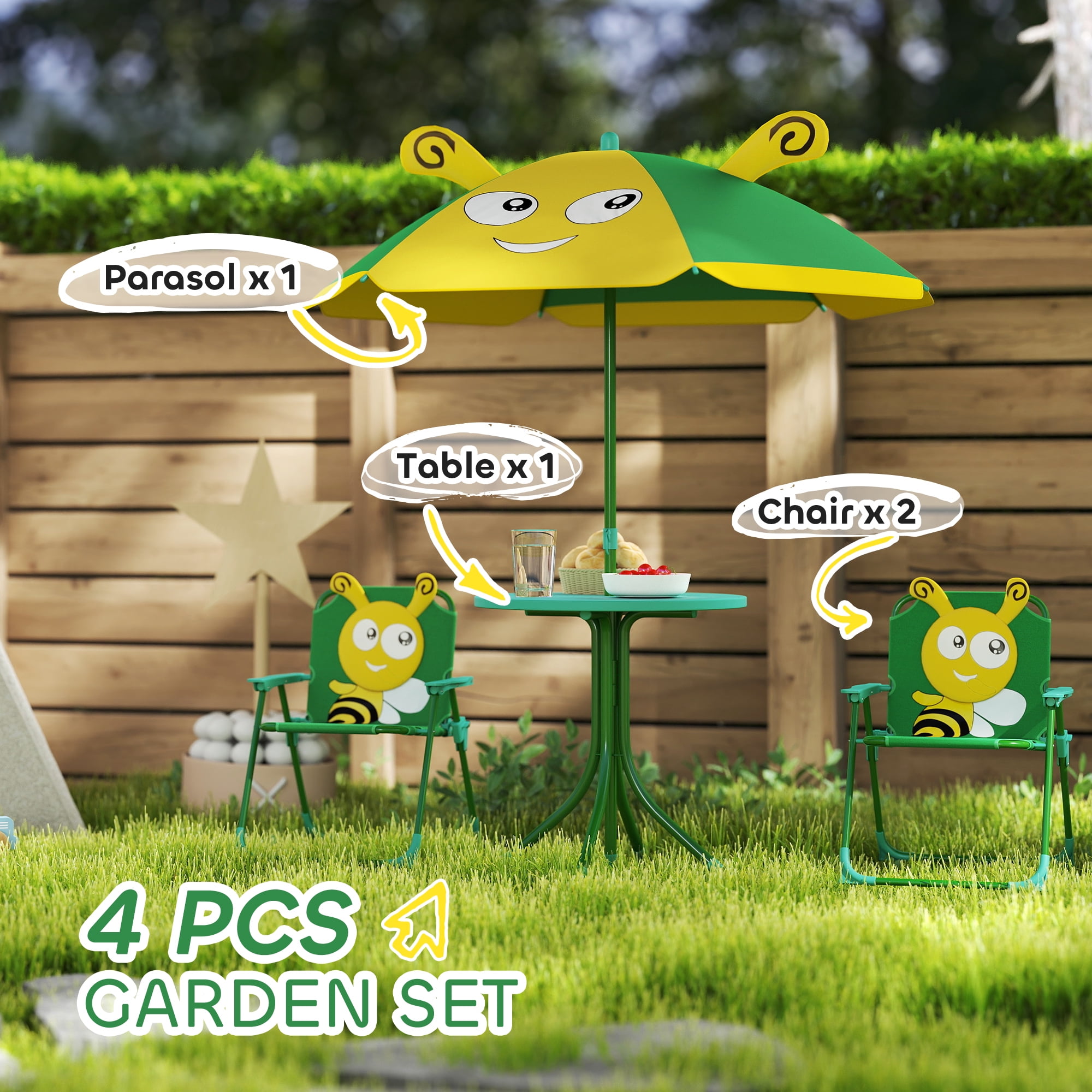 Qaba Kids Picnic Table and Chair Set, Bee Pattern Outdoor Activity Table with Foldable Chairs, Height Adjustable Umbrella for Backyard, Garden, Green