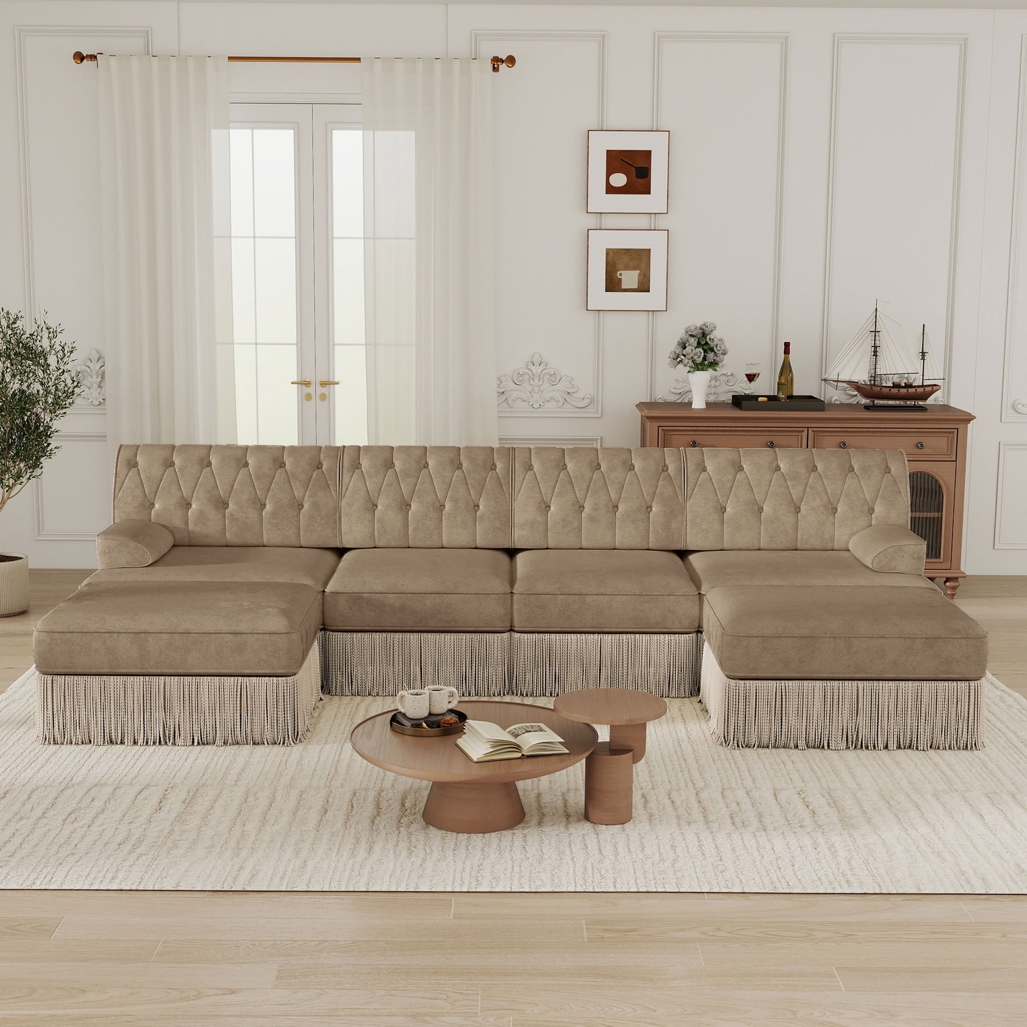 MAYEERTY Cloud Chesterfield Sectional Sofa, 4-Seater Modular Couch with Tassel & 2 Ottomans, Solid Wood Base for Living Room Bedroom