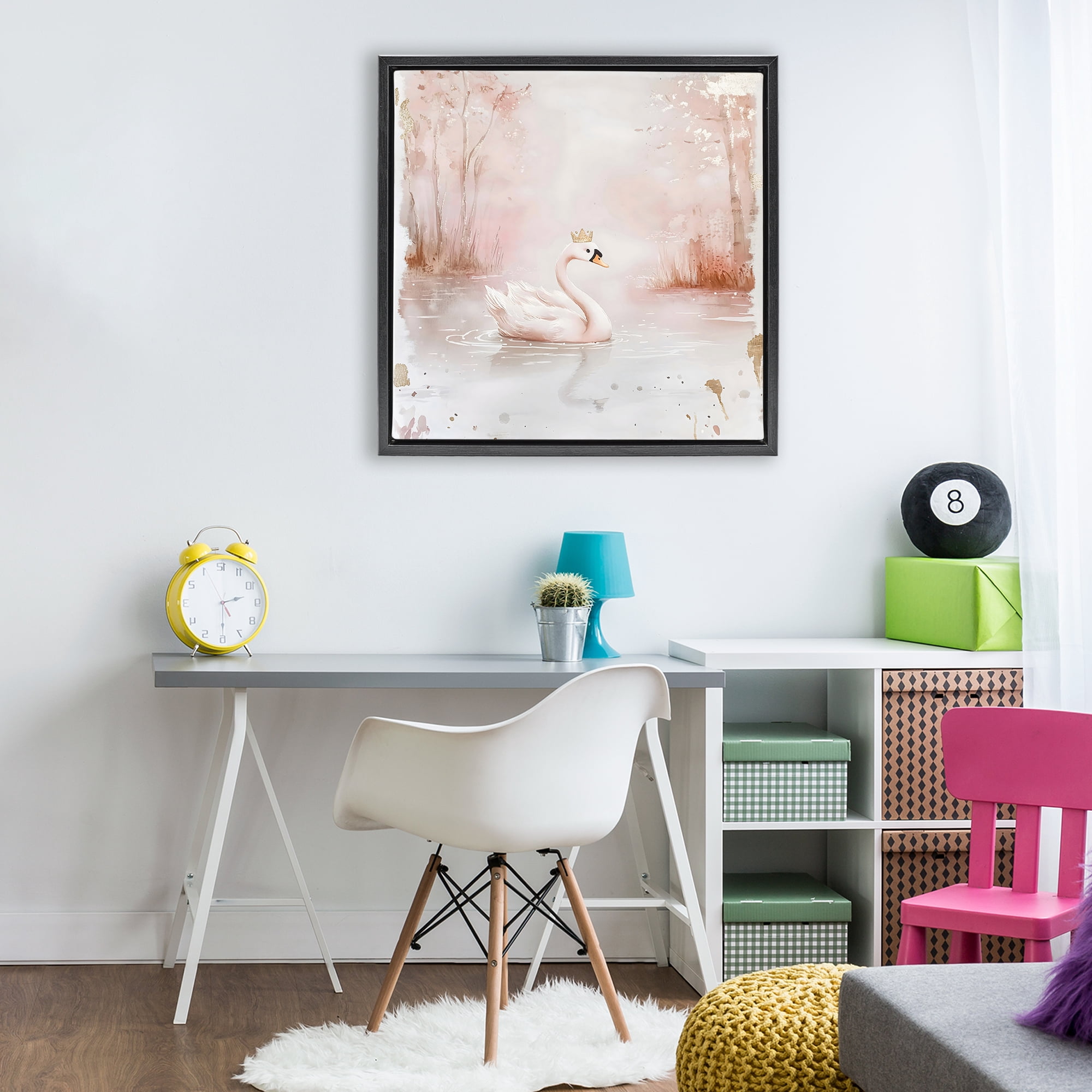 Stupell Industries Swan with Crown in Pastels Black Framed Floater Canvas Wall Art, design by Creative Studio