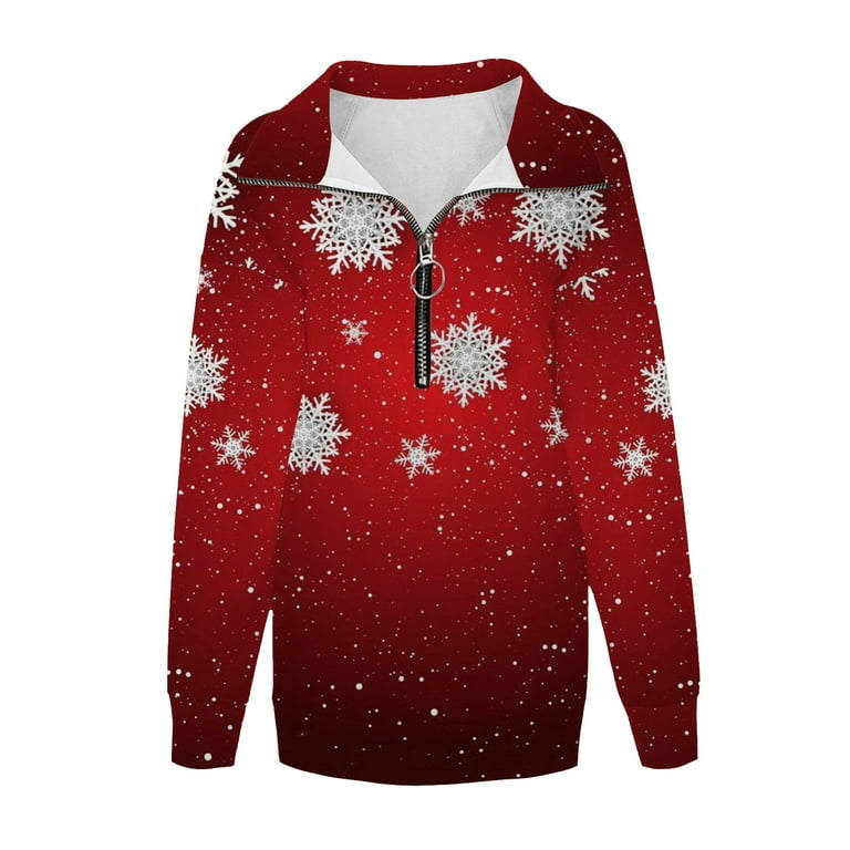 Yyeselk Women Christmas Fleece Sweaters Long Sleeve Zip up V-Neck Fuzzy  Sweatshirts Holiday Graphic Print Shirts Heedless for Ladies Red S 