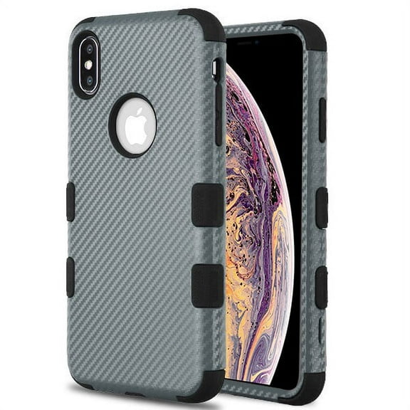 Apple iPhone XS Max (6.5 inch) (2018 Model) Phone Case Tuff Hybrid Shockproof Impact Rubber Dual Layer Rugged Protective Hard Case Cover Carbon Fiber GREY BLACK Phone Case for iPhone XS Max (6.5")