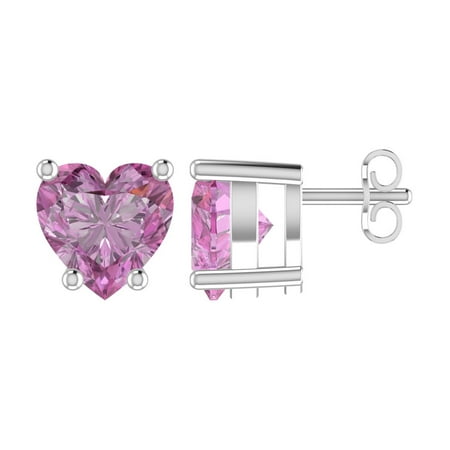 Pink Pouch - Solid Sterling Silver 5mm Heart Shaped 3 Carat Pink Cubic Zirconia High Polished Stud Earrings with Push Backs