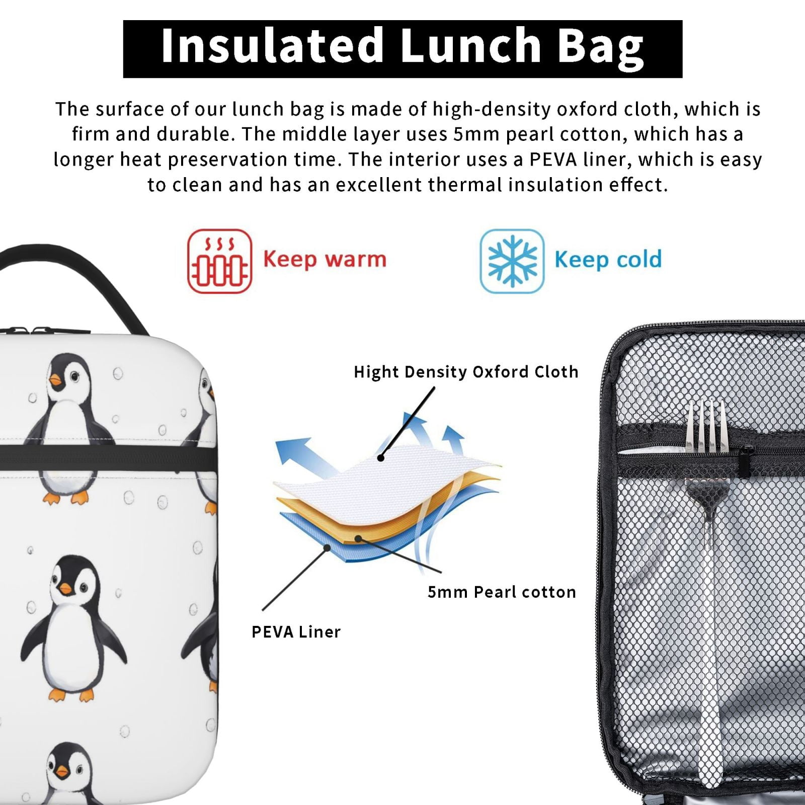 Lunch Bag For Women Men Insulated Portable Lunch Box Bento Box Office Picnic Travel Cooler Bag Penguin