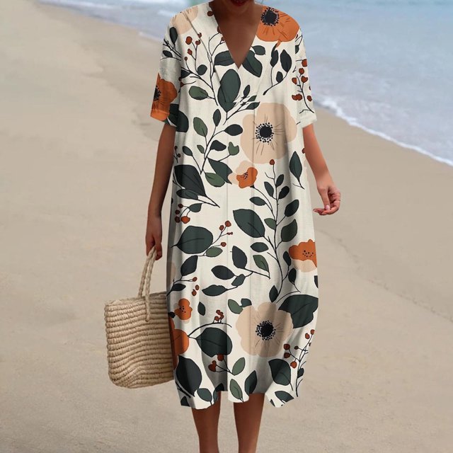 Staron Robes d'Été pour Femmes 2025 Liquidation à Moins de 10 $ Manches Courtes Fluides Amples Robes Midi Décontractées d'Été Tunique à Imprimé Floral Col en V Robe de Plage pour les Vacances