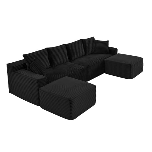 115" U-Shaped Boneless Sectional Sofa with Chaise and Ottoman, Deep Seat Plush Corduroy, No Assembly Required, Black