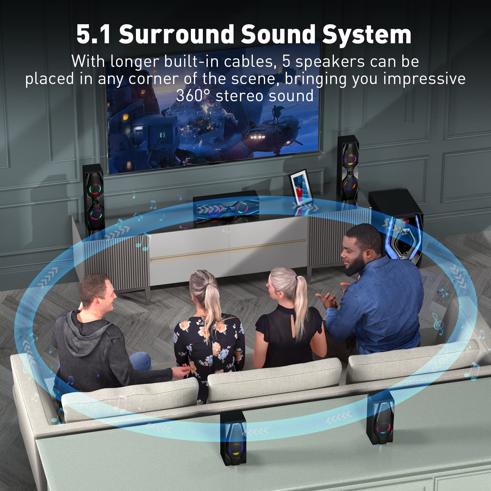 Rocoye 5.1 Home Theater Systems with 10" Subwoofer, Black