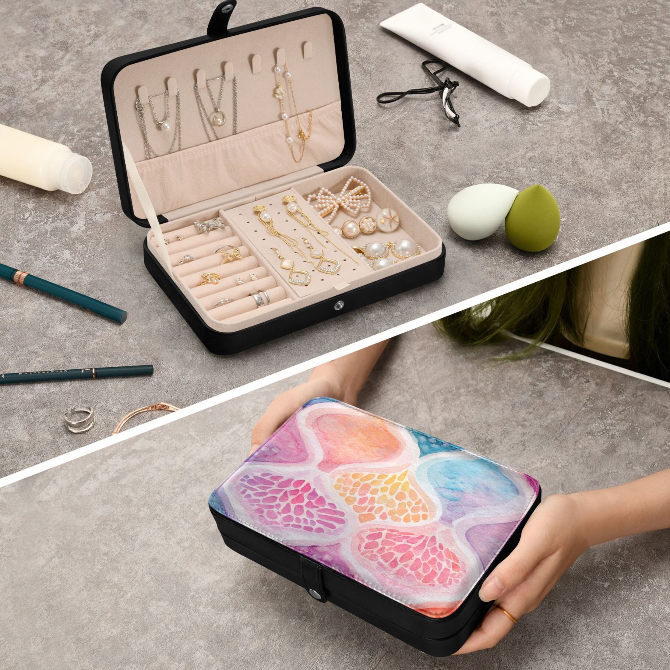 Leather Jewelry Box Rectangular 8.27x5.5x1.78In Travel Jewelry Storage Earrings Necklace Bracelet Watch Brooch Storage Colorful Pattern