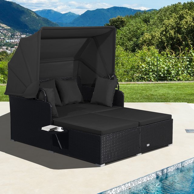 Gymax Lit de Jour en Rotin pour Patio avec Auvent Rétractable, Tables d'Appoint, Coussins, Beige, Extérieur