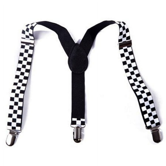 Black and White Checkered Kids Boys Solid Color Adjustable Elastic Y Back Clip Suspenders
