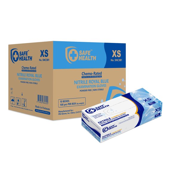 SAFEHEALTH Blue Nitrile Chemo-Rated Exam Gloves, Chemical-Fentanyl Resistant, Free of Latex-Powder, Finger Textured-Disposable, Case of 1000, Size XS