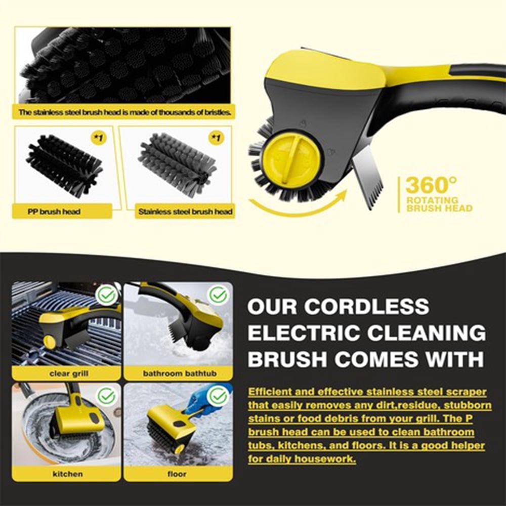 Cordless Electric Grill Brush 360 Rotating Cleaner with 2 Brush Heads USB