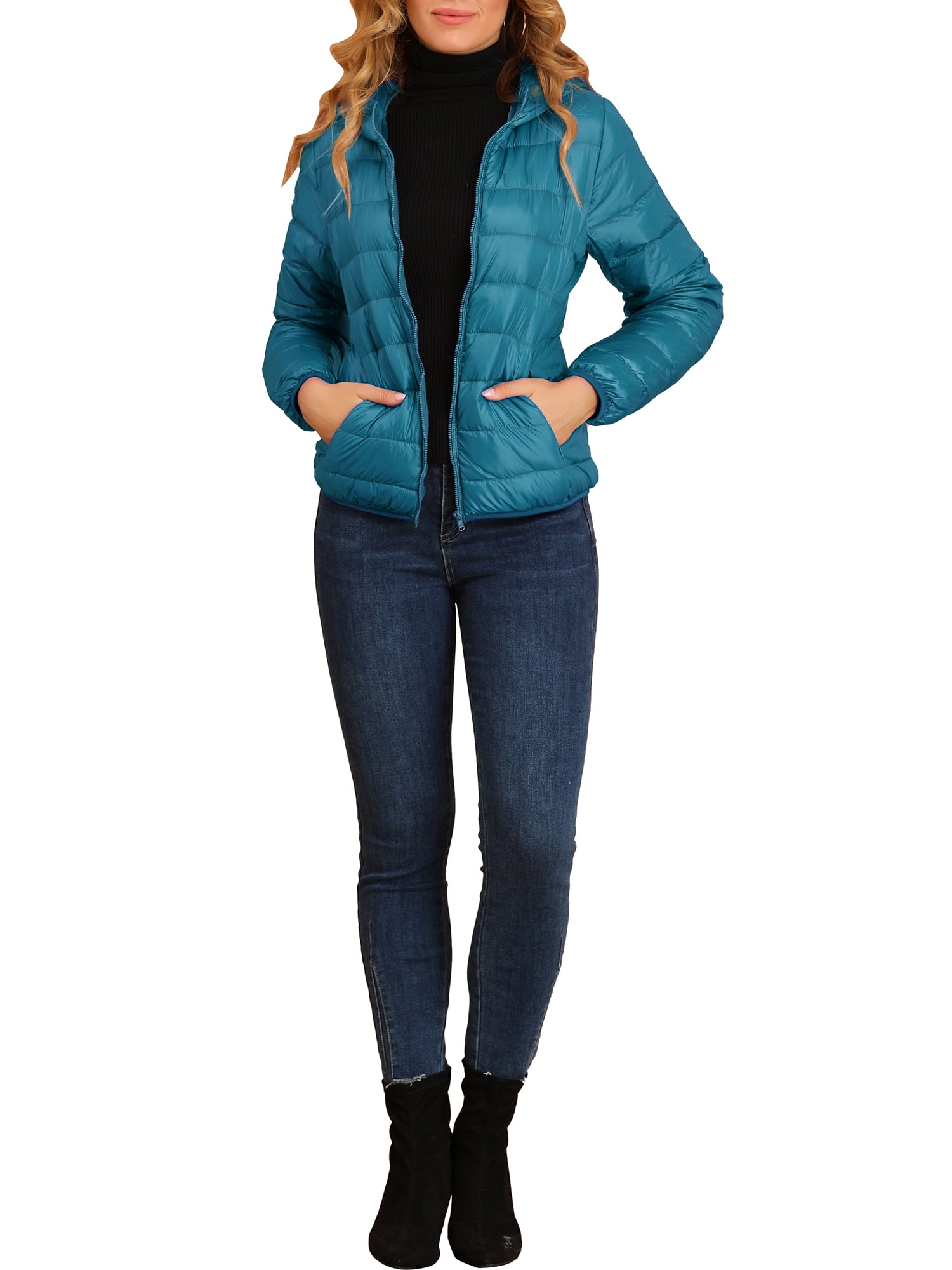 DARING DIVA Women's Hooded Zip Up Short Down Lightweight Jacket S Lake Blue
