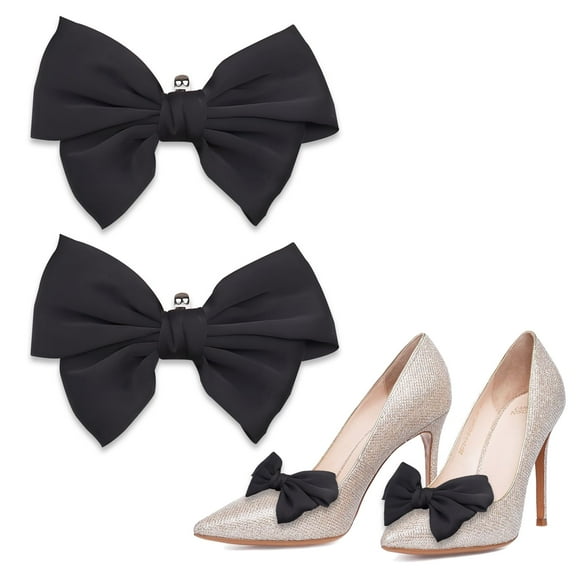 2 Pieces Satin Bow Shoe Clips, Detachable Big Shoe Charms Bow, Decorative Bow Shoe Buckle Decoration Accessories for Women High Heels Dress wedding (Solid Black)