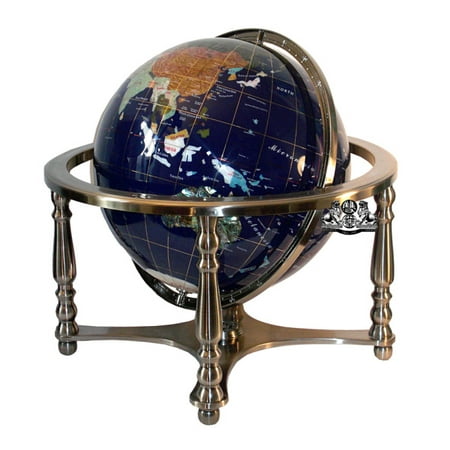 Gemstone Turquoise Globe - Unique Art 21-Inch Tall Blue Lapis Ocean Table Top Gemstone World Globe with 4 Leg Silver Stand