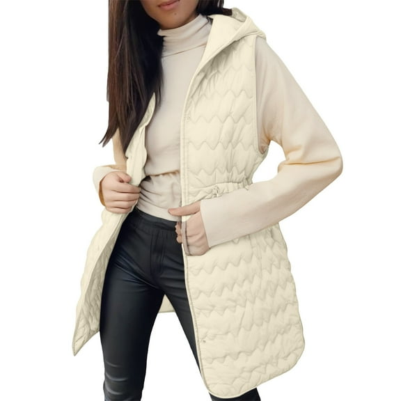 Long Puffer Vest Women, Yigetop Womens Long Puffer Vest Quilted Hooded Vests Button Down Sleeveless Jacket Casual Zip Up Padded Jacket Winter Coat Women Long Puffer Vest Beige 2XL