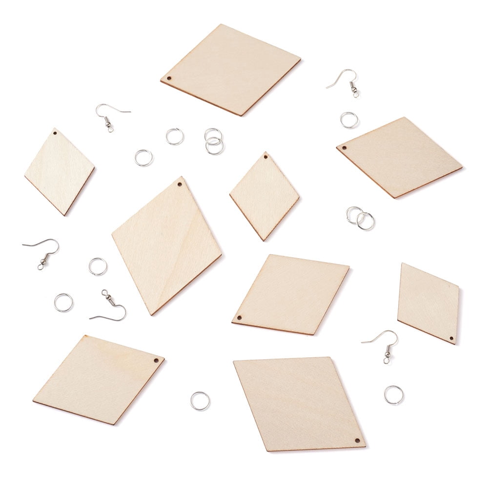 DIY Rhombus Shape Wood Pendants Earring Making Kits Include Platinum Plated Brass Earring Hooks and Jump Rings White