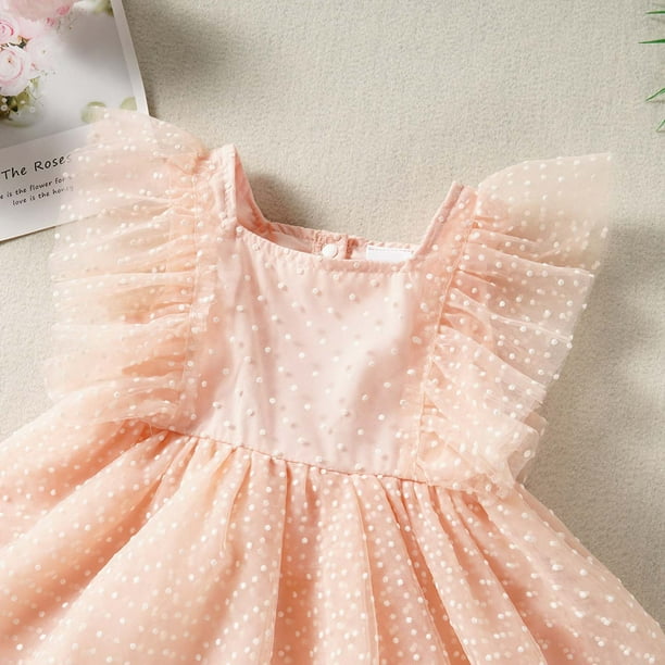 jovati Baby Girl Party Dress Summer Toddler Baby Girl Pink Flying Sleeve Polka Dot Mesh Dress Princess Dress