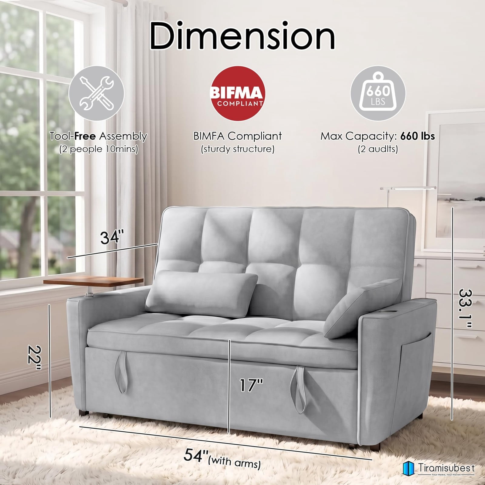 54" Sleeper Sofa Bed, Convertible Pull Out Couch Futon with Side Table, USB Ports, Cup Holder, Adjustable Backrest, Velvet Sofa Bed for Living Room Apartment, Light Gray