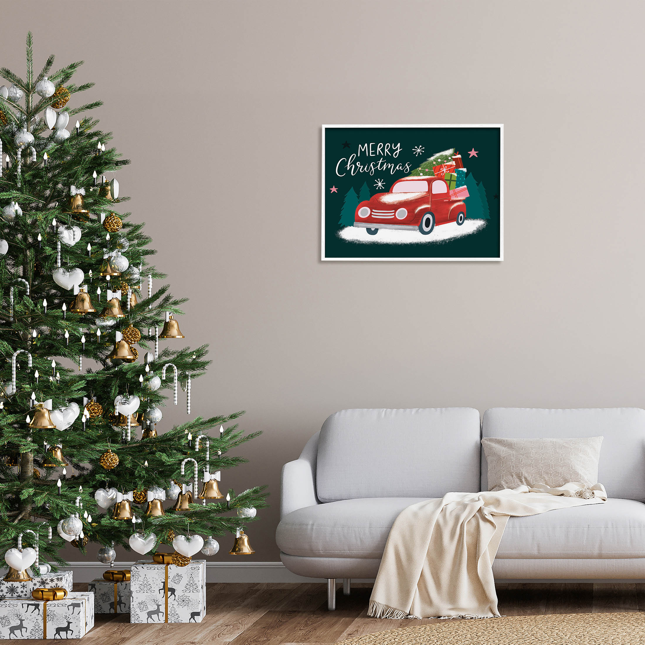 Merry Christmas Gifts Truckload Holiday Graphic Art White Framed Art Print Wall Art