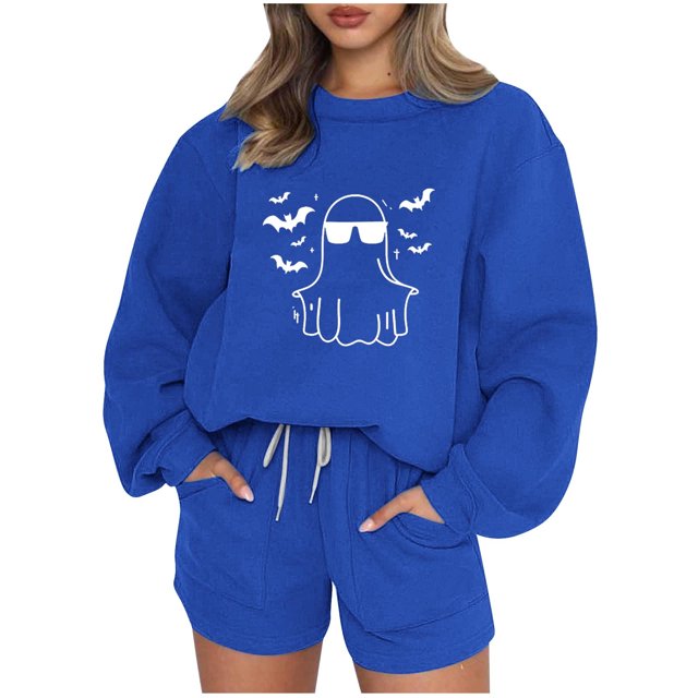 Puntoco Conjunto De Sudadera Y Pantalón Con Cuello Redondo Y Manga Larga Informal Con Estampado De Halloween Para Mujer Azul S