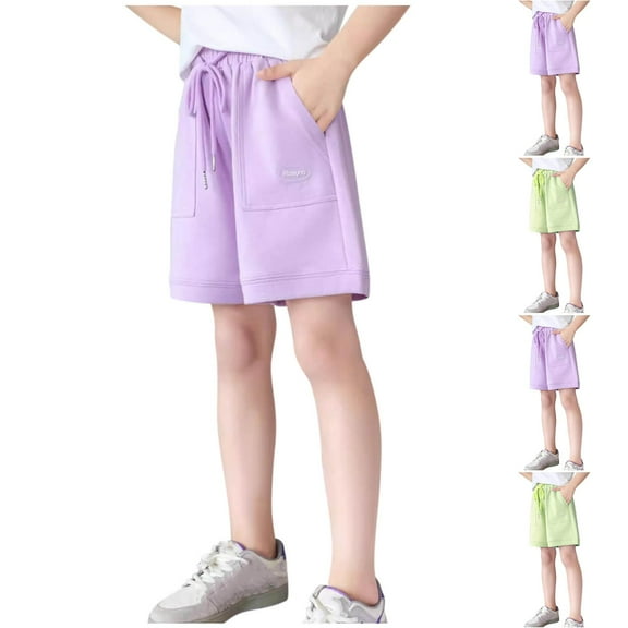 MKOSPLRT 5-15 Years Elastic Waist Shorts for Kid Solid Athletic Bermuda Shorts Baggy Lounge Knee Length Shorts Joggers with Pocket