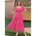 thumbnail image 3 of Mawalde Women'S Summer Short Sleeve Square Neck Smocked Waist Casual Vacation Tiered Flowy Maxi Dress Rose Red M, 3 of 4