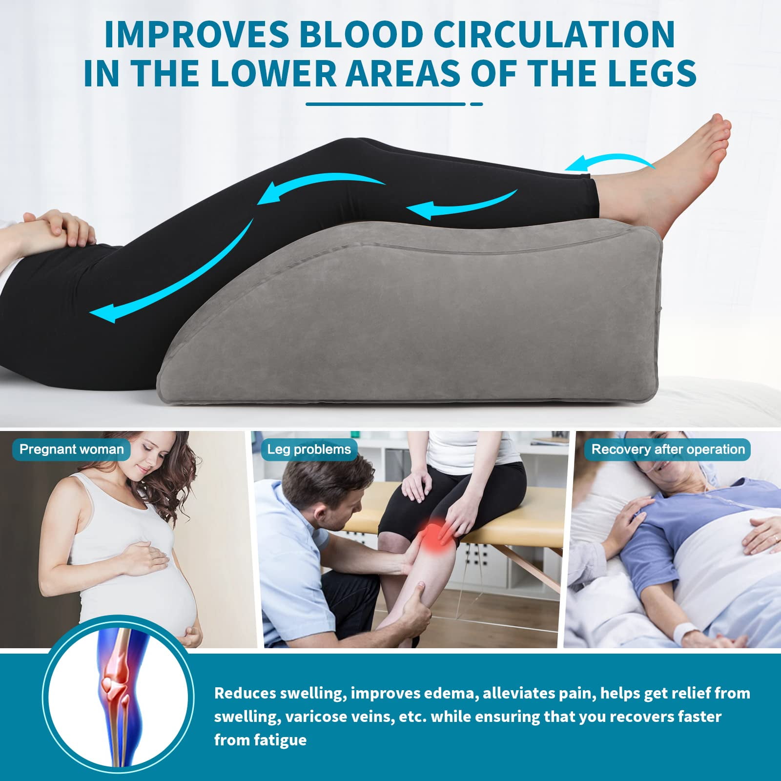 Leg Elevation Pillow, Inflatable Portable Wedge Pillow, Improve Blood Circulation and Reduce Swelling, Use During Recovery from Surgery and Injury, Rest with Elevated Feet, Pregnant Women, Gray