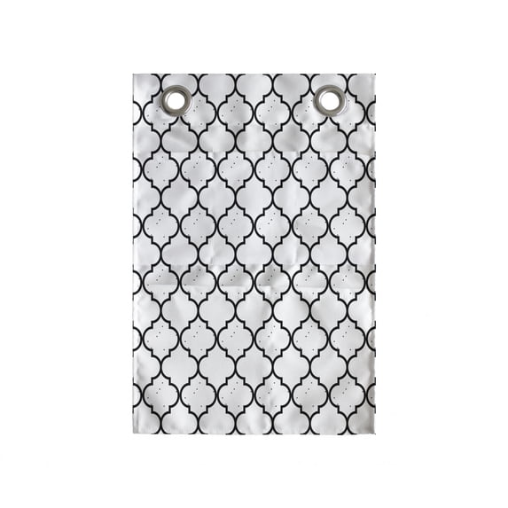 Quatrefoil Hanging Pocket Organizer, Moroccan Monochrome Lattice Symmetrical Classic Lines Motif Print, Printed Polyester Storage Bag with Pockets, 14" x 20", Charcoal Grey and White
