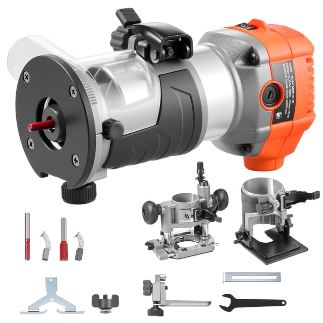 KFFKFF Wood Router, 1 HP 710W, Variable Speed Palm Router Tool with 1/4 in Collet, Compact Edge Wood Trimmer with Fixed, Plunge & Tilt Base, Soft Start