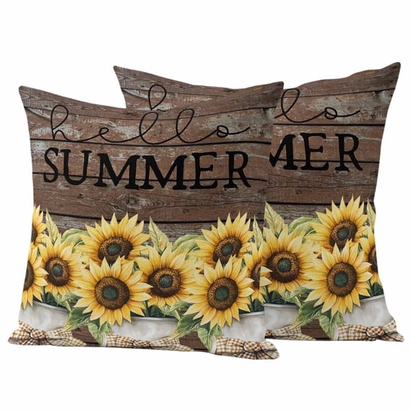 2 Pack Outdoor Waterproof Throw Pillow Covers,Summer Vintage Sunflowers Brown Wood Decorative Square Patio Pillowcases for Chair Couch Sofa 16x16in