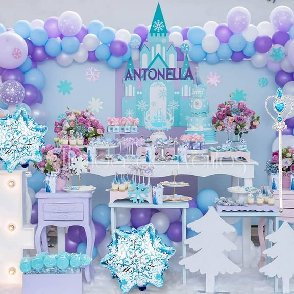 AOWEE Frozen Birthday Decorations Girls, Frozen Balloons Arch for Frozen Princess Party Decorations Set with Snowflakes Foil Balloons Paper Tassels Fairy Crown and Cane, Cake Topper, Princess Castle