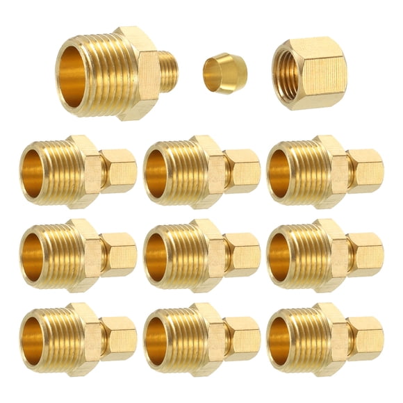 10Pack Brass Pipe Fitting, 1/4" OD x 1/2" NPT Male Brass Compression Tube Fitting, Brass Compression Union Connector, Brass Straight Coupling Adapter Fitting Fit 1/4" Pipe
