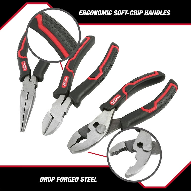 Hyper Tough 3-Piece Pliers Set with Ergonomic Soft Grip Handles, Diagonal Cutting Pliers, Slip Joint Pliers and Long Nose Plier Set, Size: 3 Piece