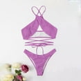 thumbnail image 4 of UTSJKR Women's Summer Bikini Set Ribbed Criss Cross Halter Bikini Swimsuit Fashion Beach Bathing Swimsuit Purple XL, 4 of 5