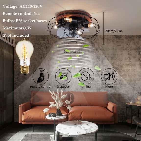 Caged Ceiling Fan with Light, Embedded Enclosed Fandelier with Remote, Adjustable Wind Speed，Industrial Fan Chandelier for Living Room, Bedroom, Kitchen