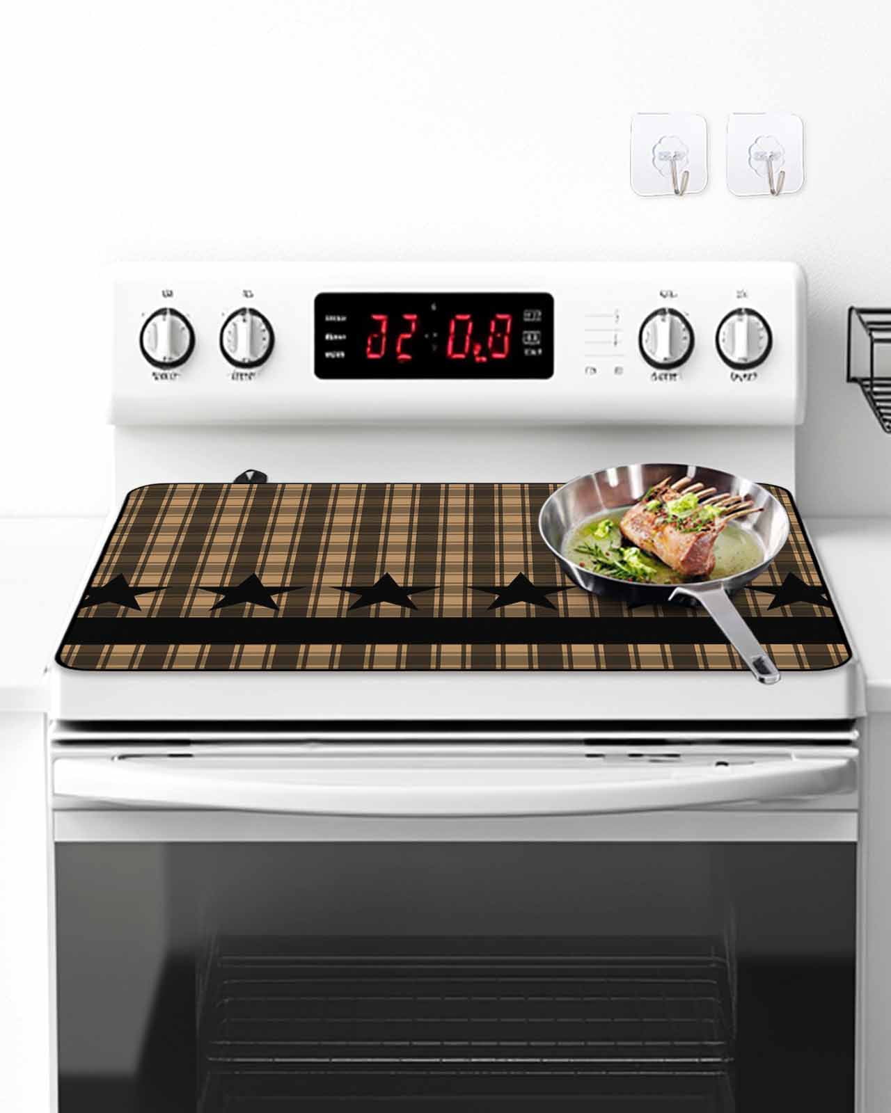 Stove Top Covers for Electric Stove, Brown Black Plaid Glass Stovetop Cover Protector, Vintage Rustic Star Buffalo Check Induction Cooktop Protector Oven Mat for Kitchen Countertop 24"x21"