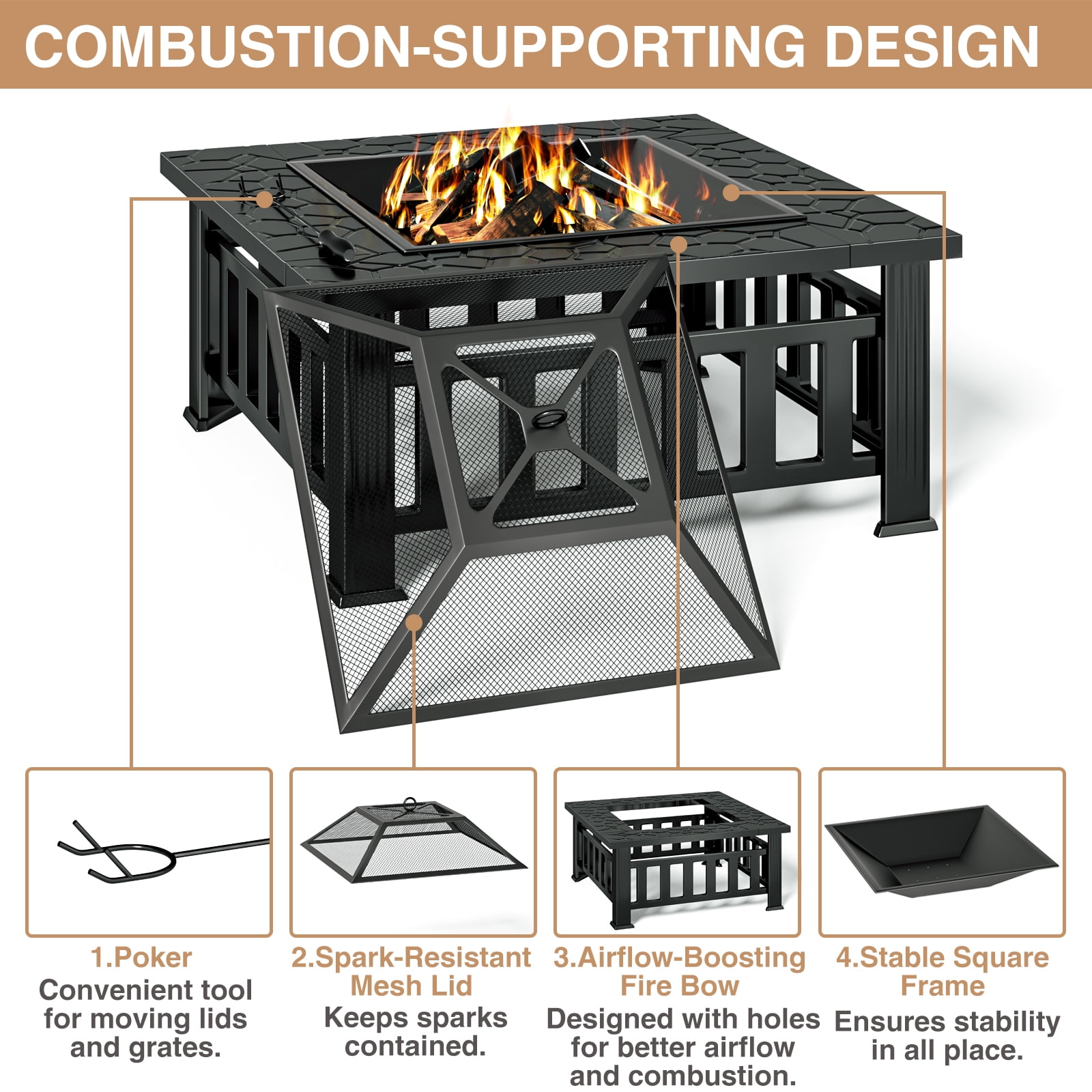KingChii 32" Fire Pit Table Wood Burning Square Metal Firepit for Outdoor, Patio Backyard BBQ with Mesh Lid, Poker and Cover, Black