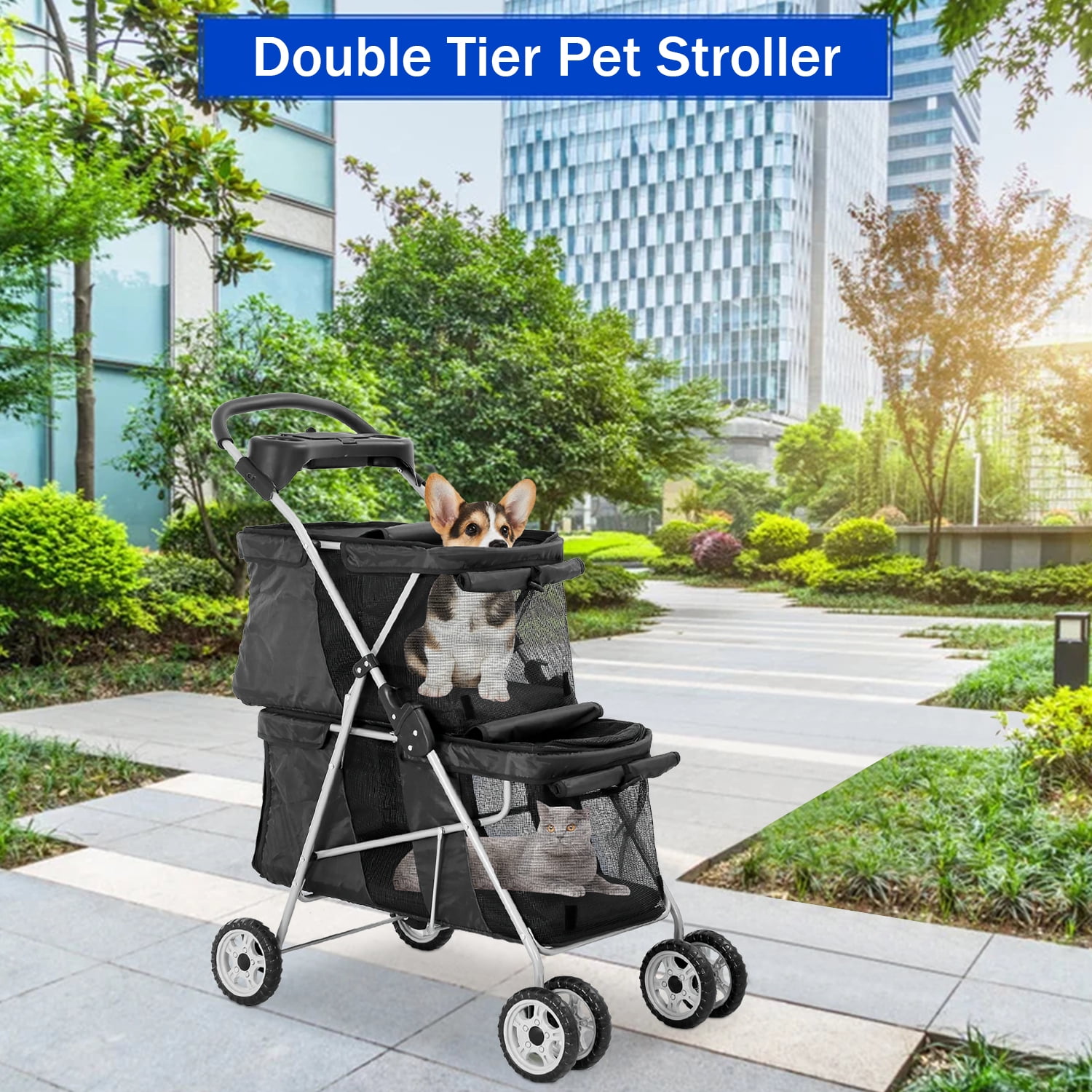 4 Wheels Pet Stroller Dog Cat Stroller, Foldable 2 Cages Strollers