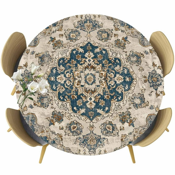 Blue Brown Boho Fitted Tablecloth with Elastic Edged, Round Table Cloth for Dining Table, Ethnic Vintage Southwestern Geometric Waterproof Oil Proof Table Cover for Indoor Outdoor 45"-54"