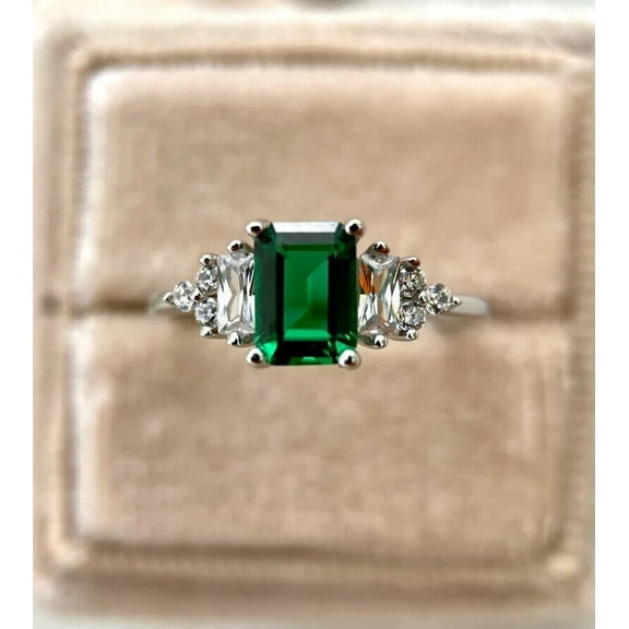 Gorgeous 3.00Ct Emerald Cut Lab Created Green Emerald & Diamond Wedding Ring 14k White Gold Finish