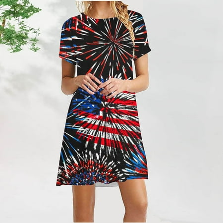 

Hvyesh Womens Summer Dresses 2023 Plus Size Party Midi Dress American Flag Print Crewneck Sundresses Short Sleeve Flowy Dresses Black
