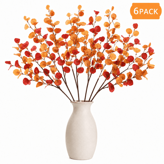 Artificial Fall Eucalyptus Stems, 6 Pack Faux Eucalyptus Leaf Branches for Vase Arrangements, Home, Wedding and Thanksgiving Decor